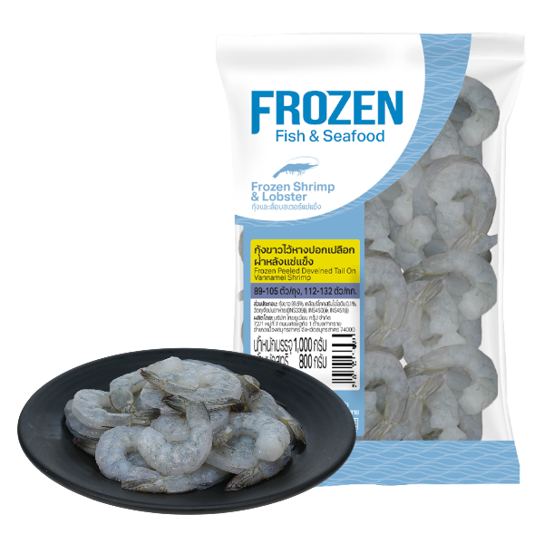 กุ้งขาวปอกเปลือกผ่าหลังไว้หางแช่แข็ง ขนาด 89-105 ตัว/ถุง แพ็ค 1 กก.