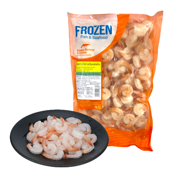 กุ้งขาวต้มผ่าหลังไว้หางแช่แข็ง ขนาด 125-158 ตัว/ถุง แพ็ค 1 กก.